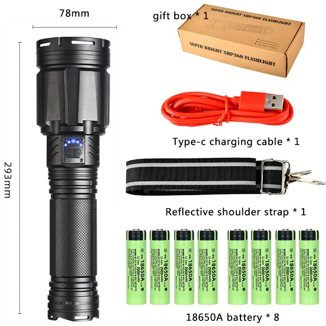 Powerful 100W LED Flashlight USB Rechargeable Zoomable lamp Torch With Built in battery 10000Mah Emergency lantern Outdoor-WAYBIKER