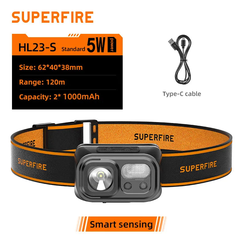 SuperFire HL23 ultra powerful led headlamp Sensor headlight fishing rechargeable head flashlight With USB-C 9 Lighting Modes-WAYBIKER