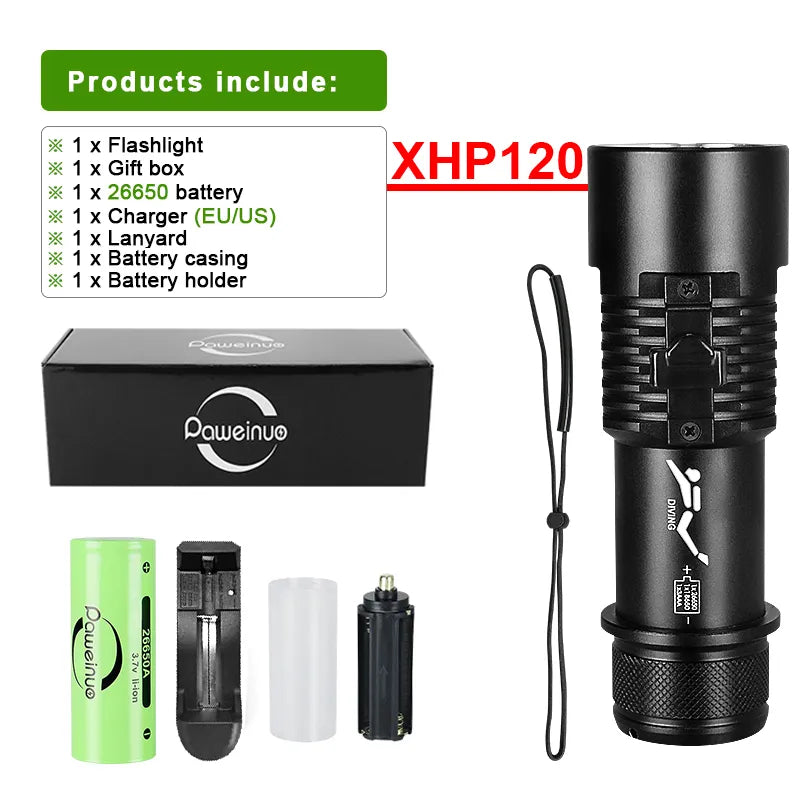 Super XHP120 Professional Diving Flashlight 300m Underwater Scuba Diving Torch IPX8 Waterproof Powerful Dive Light 26650 Battery-WAYBIKER