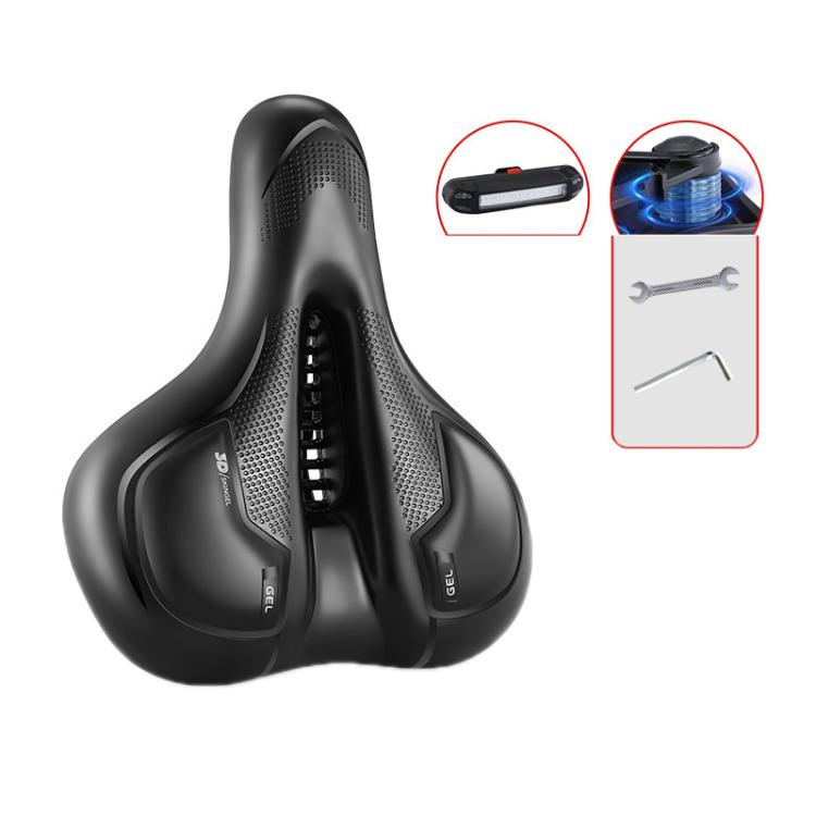 Thickened Universal Bicycle Saddle With Silicone Shock Absorber, Black, Black+USB Rechargeable Taillight - WAYBIKER