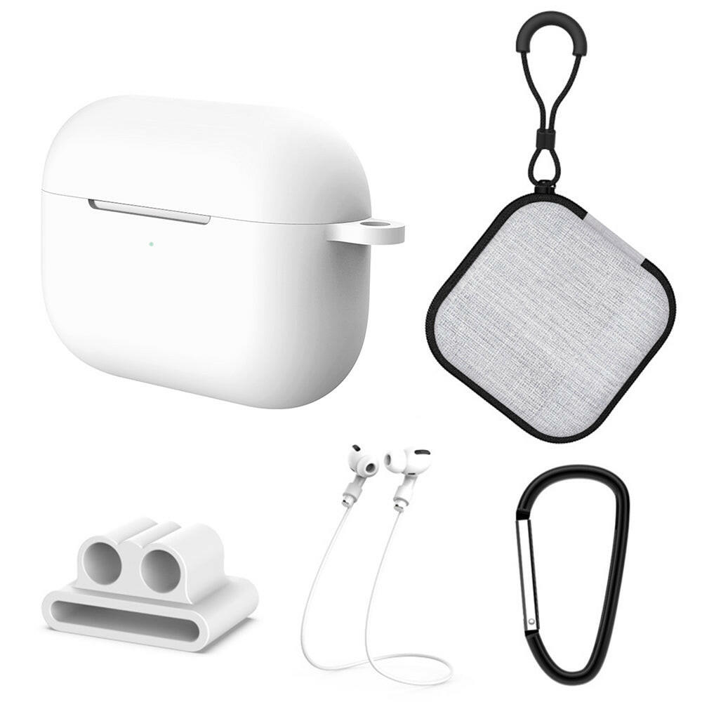5 in1 Protective Case Compatible with Apple AirPods Pro Charging Case Silicone Cover + Watch Band Holder + Anti-lost Straps + Storage Bag + Hook Earphone Protector Accessories
