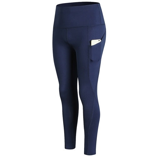 Woman High Waist Yoga Pants Quick-dry Sports Pants Yoga Leggings Workout Pants with Pocket Dark Blue L