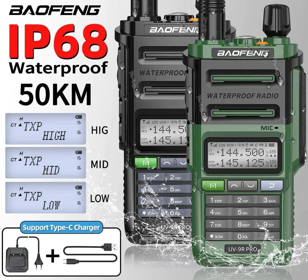 Baofeng UV-9R Pro V1 V2 Walkie Talkie IP68 Waterproof Dual Band Type-C Long Range Upgrade Tri-power Ham CB Radio Two Way Radio-WAYBIKER