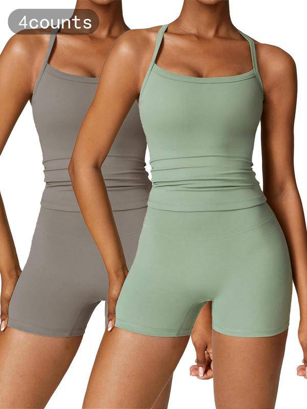 Two Pieces Women's Solid Backless Tracksuit Set, Spaghetti Strap Cami Top & High Waist Skinny Shorts, Ladies Sportswear, Summer Outfits 2024, Tracksuit for Women, Women Sport & Outdoor Clothing-WAYBIKER