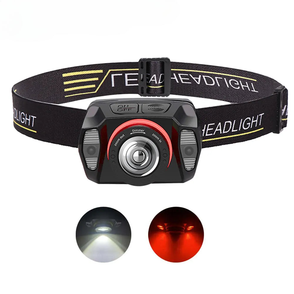 Zoom Headlamp USB Type C XPE Torch LED Headlight Body Motion Sensor Head Wrist Strap Band lamp Riding Red Flash Light lantern-WAYBIKER
