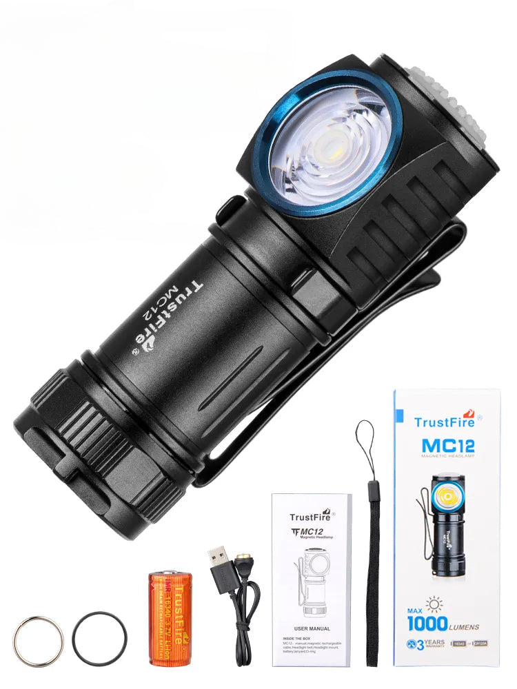TrustFire MC12 EDC Powerful LED Flashlight 1000Lumens Magnetic Rechargeable Head Lamp XP-L HI Camping Torch Flash Light