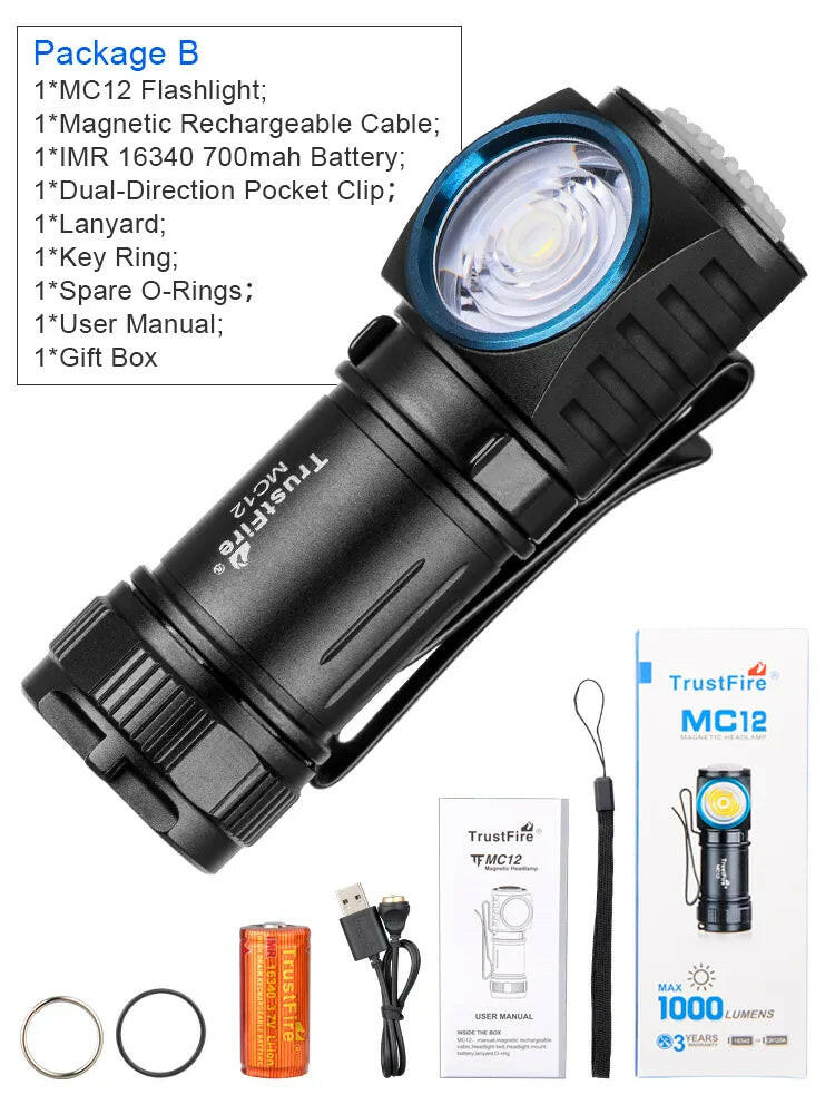 TrustFire MC12 EDC Powerful LED Flashlight 1000Lumens Magnetic Rechargeable Head Lamp XP-L HI Camping Torch Flash Light