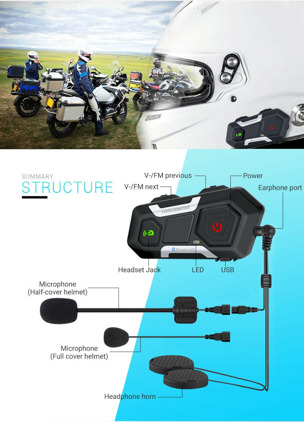 HEROBIKER-oreillette Bluetooth pour casque de moto, haut-parleur
