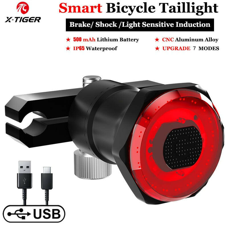 X-Tiger Bike Rear Light IPx6 Waterproof LED Charging Bicycle Smart Auto Brake Sensing Light Accessories Bike Taillight Light-WAYBIKER