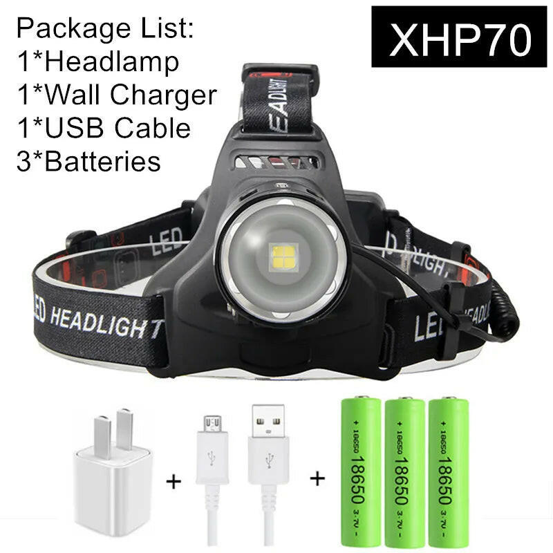 XHP70.2 XHP70 USB Headlight 90000LM Led Headlamp LED Rechargeable Head Torch Flashlight Lantern 3*18650 battery Powerbank-WAYBIKER