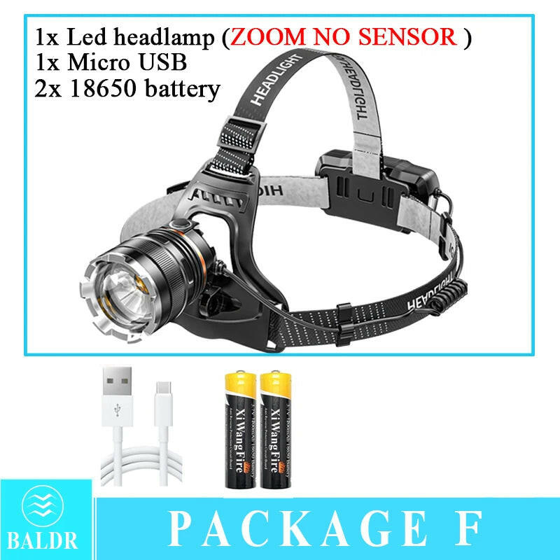 XHP50 LED Sensor Headlamp Waterproof Head Light Rechargeable Fishing Searching Camping Head Flashlight Zoom Lantern-WAYBIKER