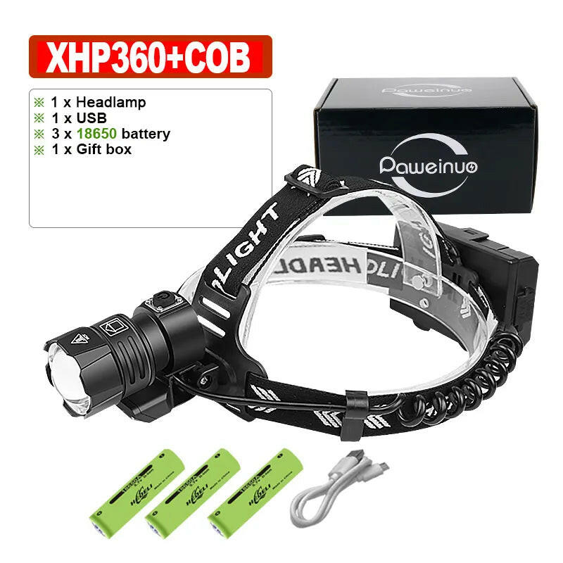 XHP360 Powerful LED Headlamp USB Rechargeable Head Lamp XHP90 Super Bright High Power Headlight 18650 Waterproof Head Flashlight-WAYBIKER