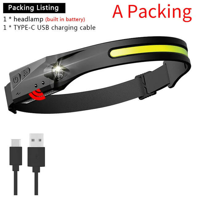 COB LED Sensor Headlamp USB Rechargeable Camping Search Light With Built-in Battery Headlight LED Head Torch For Fishing Lantern-WAYBIKER