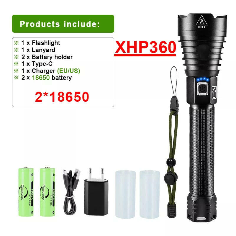 XHP360 Led Flashlight 18650 Rechargeable Torch Usb Powerful Tactical Flash Light Zoomable Hunting Lantern Waterproof Hand Lamp-WAYBIKER