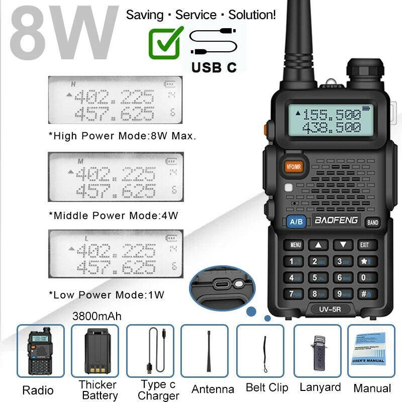 UV-5R Baofeng 8W 5W Walkie Talkie Battery Type C USB 3800 mAh UHF VHF Dual Band Military 10 KM Ham Two Way Radios FM UV-82 UV-16-WAYBIKER