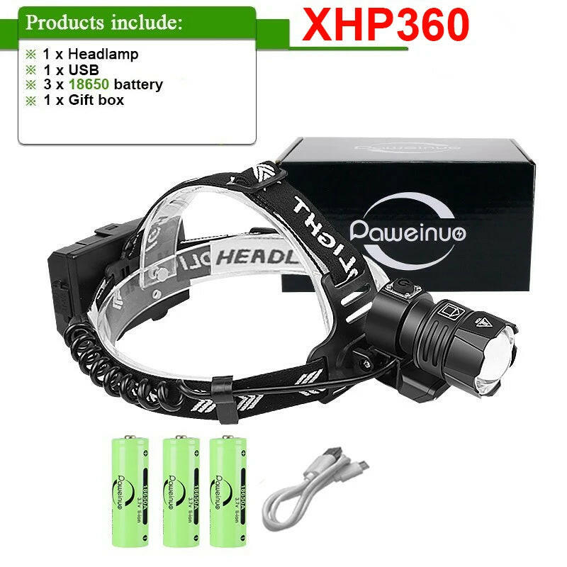 XHP360 Powerful LED Headlamp USB Rechargeable Head Flashlight High Power LED Headlight 18650 XHP90 Head Lamp Fishing Headlantern-WAYBIKER