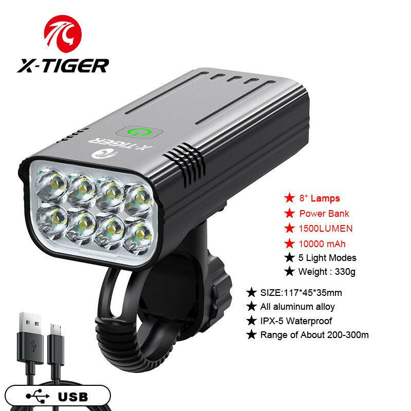 X-TIGER Bike Light Set Powerful USB Rechargeable Bright 10000mAh Bicycle Front Lights IPX5 Waterproof Front Lamp Cycling-WAYBIKER