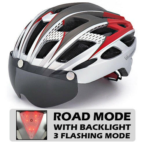 VICTGOAL Cycling Helmet for Men Magnetic Goggles Lens Sun Visor Rear LED Tail Light Bicycle Safety Scooter MTB Road Bike Helmets-WAYBIKER