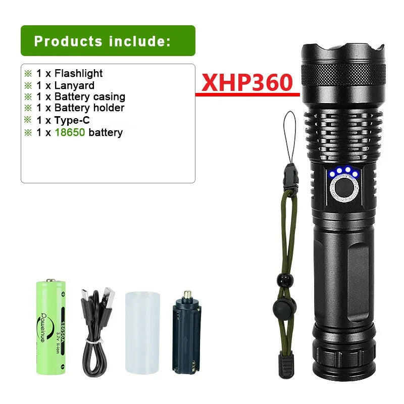 XHP360 Newest Powerful Flashlight Rechargeable Torch Light XHP90 High Power LED Flaslight USB Zoomable Camping Lantern Work Lamp-WAYBIKER