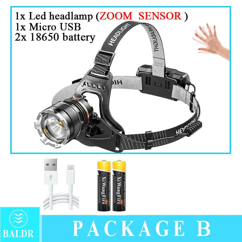 XHP50 LED Sensor Headlamp Waterproof Head Light Rechargeable Fishing Searching Camping Head Flashlight Zoom Lantern-WAYBIKER