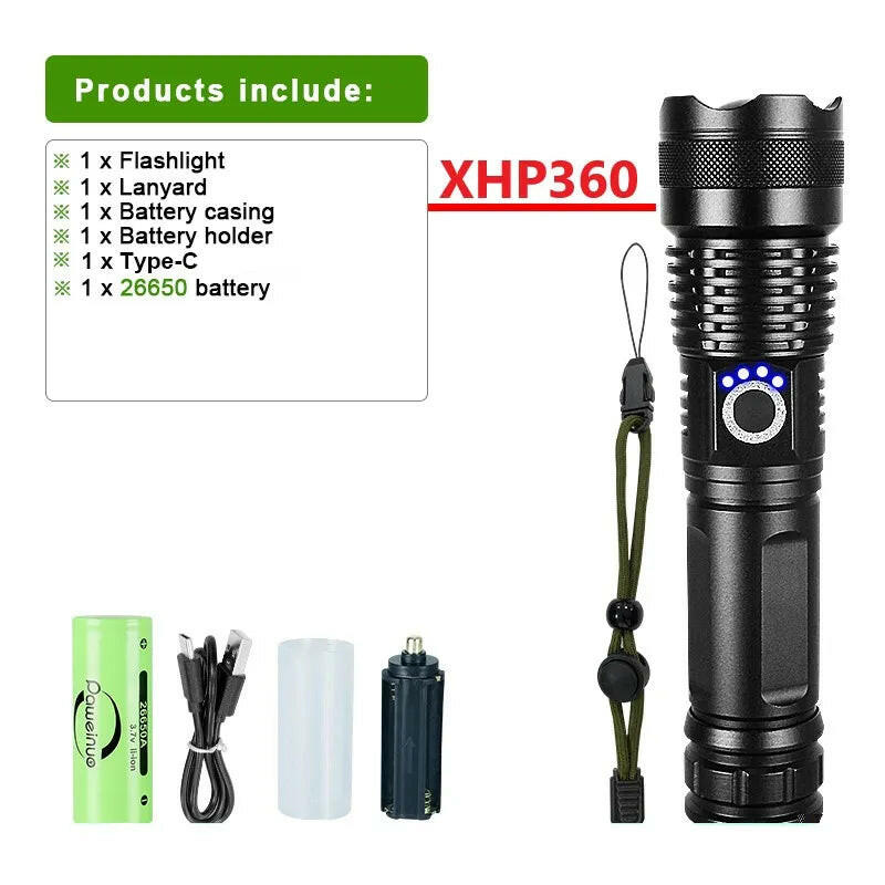 XHP360 Newest Powerful Flashlight Rechargeable Torch Light XHP90 High Power LED Flaslight USB Zoomable Camping Lantern Work Lamp-WAYBIKER