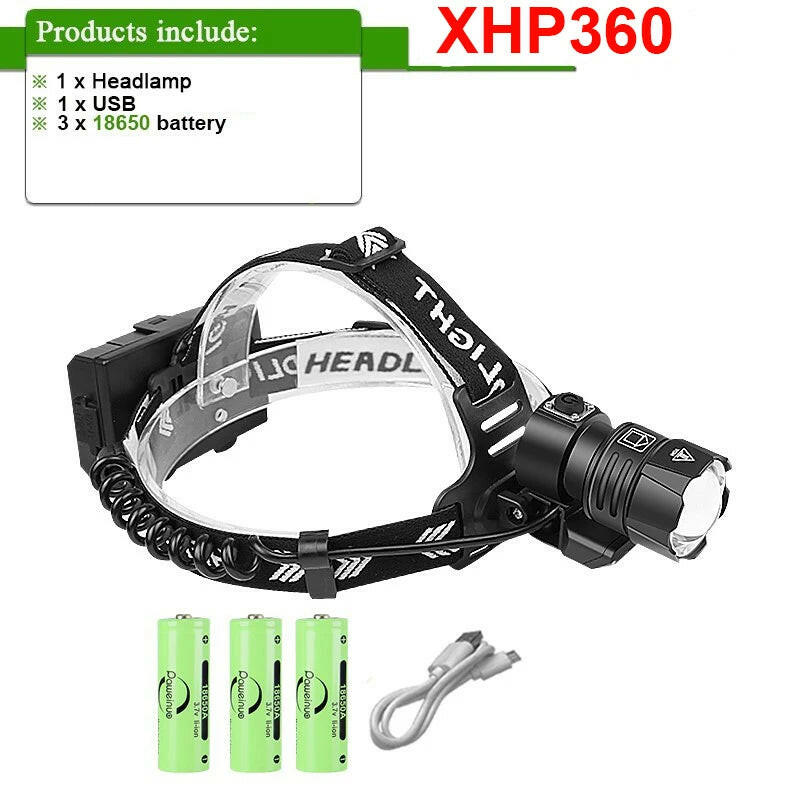 XHP360 Powerful LED Headlamp USB Rechargeable Head Flashlight High Power LED Headlight 18650 XHP90 Head Lamp Fishing Headlantern-WAYBIKER