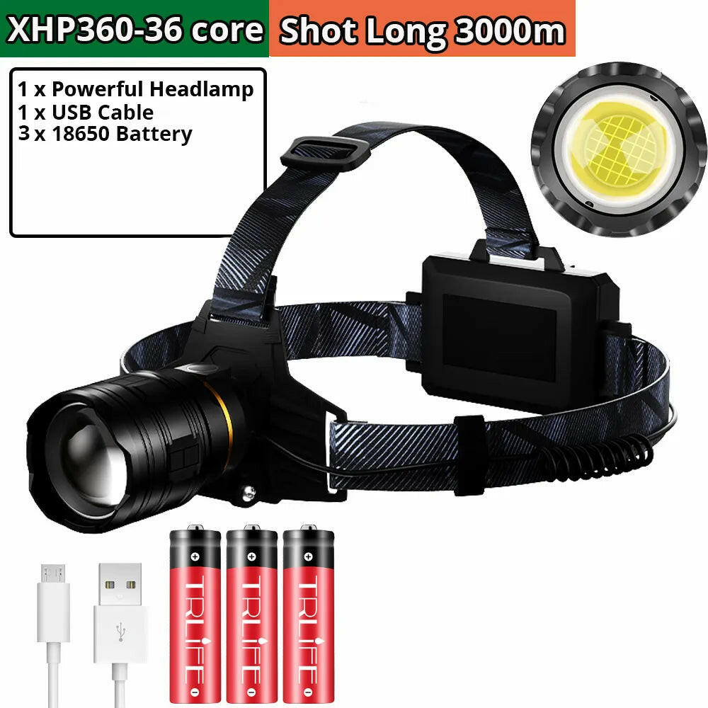 XHP360 36core LED Headlamp usb 18650 Rechargeable waterproof Camping Flashlight Zoomable Head Light Fishing Light-WAYBIKER