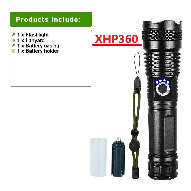 XHP360 Newest Powerful Flashlight Rechargeable Torch Light XHP90 High Power LED Flaslight USB Zoomable Camping Lantern Work Lamp-WAYBIKER