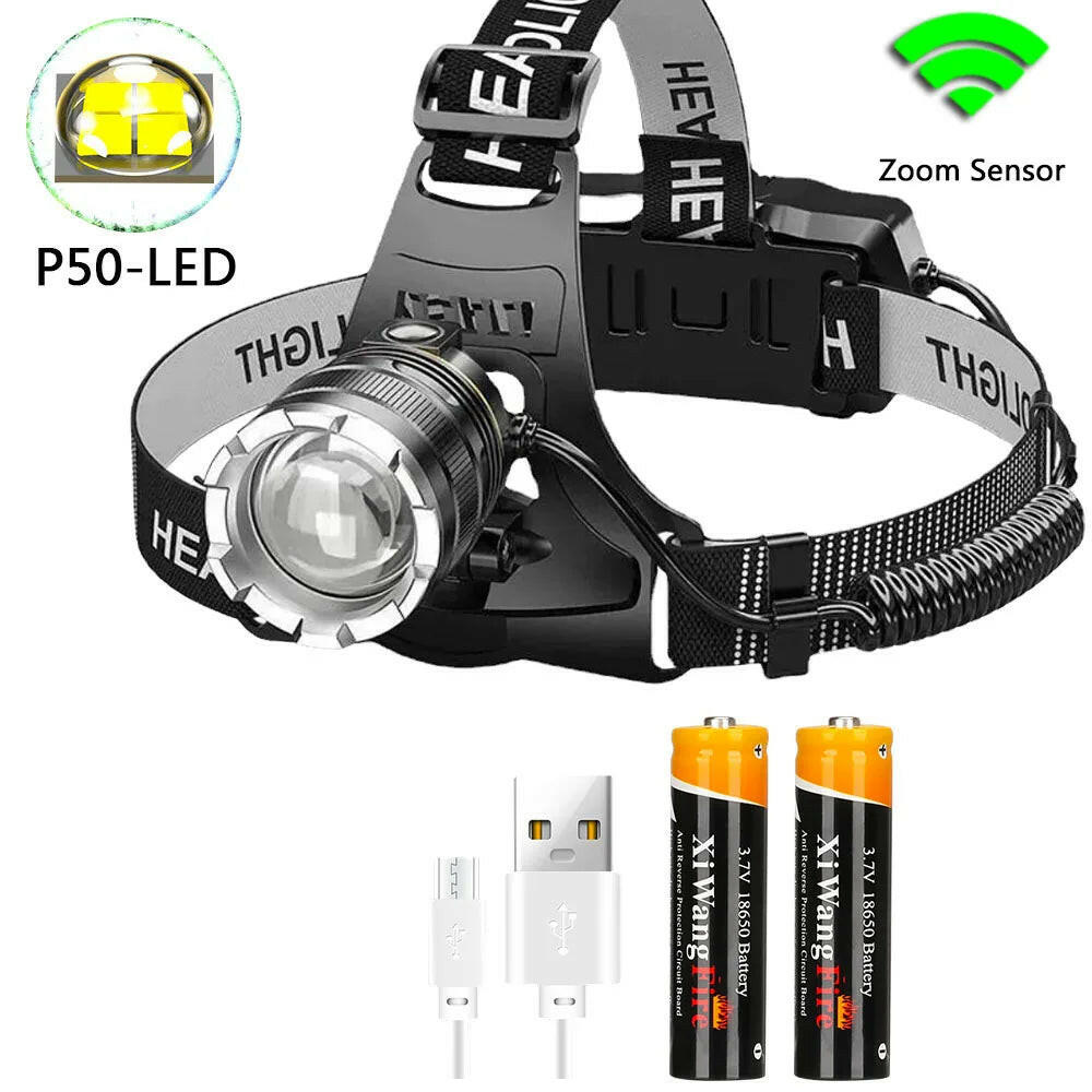 Zoomable Powerful LED Headlamp Sensor XHP50 Headlight Flashlight USB Rechargeable Head Lamp Camping Lanterna Use 18650 Battery-WAYBIKER