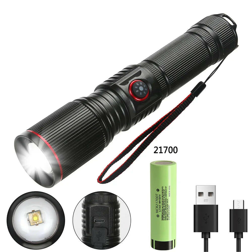 Aluminum Alloy White Laser Powerful LEP Flashlight 18650 or 21700 Battery Zoom Torch Light Lamp with Tail Rope Power Indicator