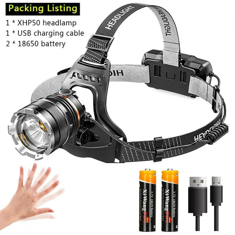 XHP70 Powerful LED Induction Headlamp USB Rechargeable 3*18650 With Battery Head Flashlight Outdoor Fishing Camping Head Torch-WAYBIKER