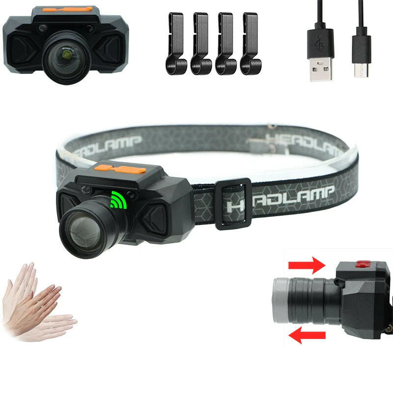 Zoom Rechargeable Flashlight LED Headlights High Power Sensor Light Headlamp Head-mounted Searchlight with USB Charging Outdoor-WAYBIKER