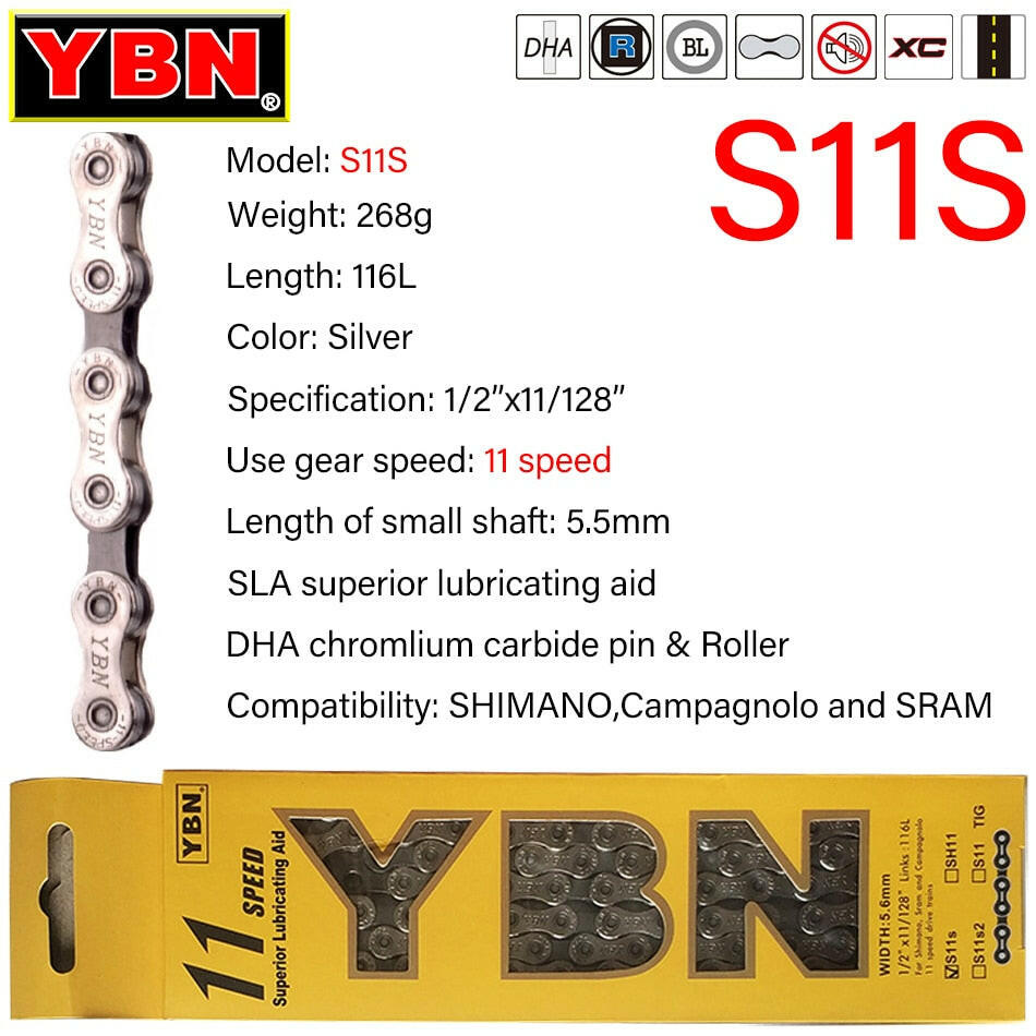 YBN Bike Chains MTB Mountain Road Bike Chians 11 Speed Hollow Bicycle Chain 116 Links Silver S11S for m7000 XT-WAYBIKER