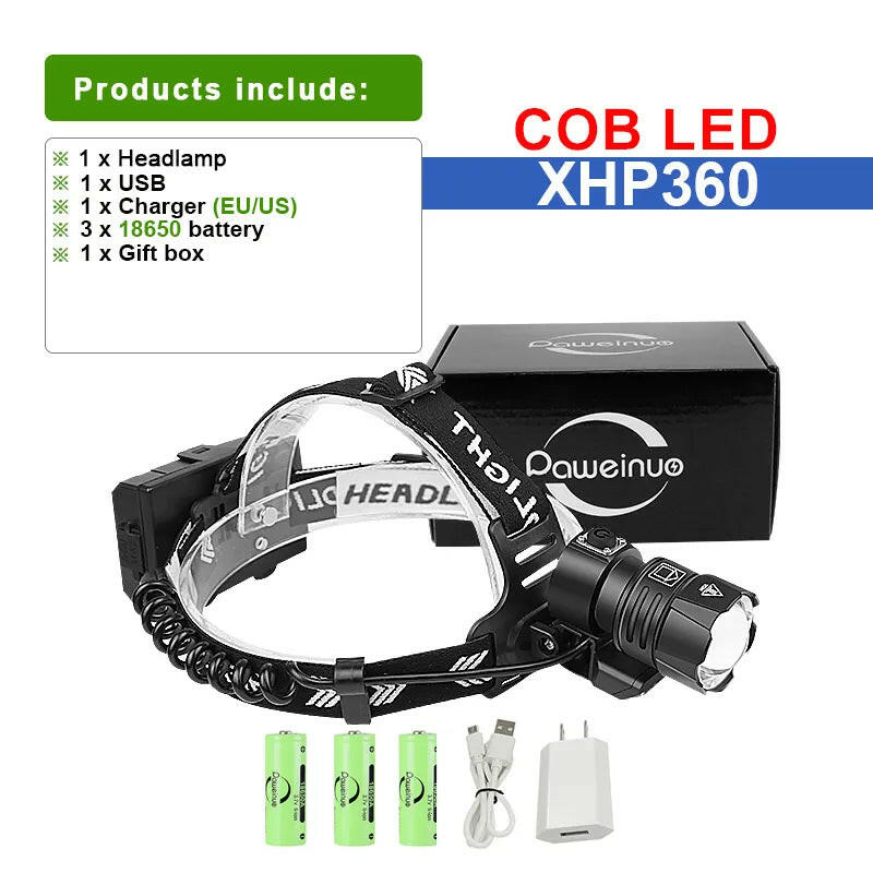 XHP360 COB LED Headlamp Powerful Headlight Flashlight 18650 USB Rechargeable XHP199 Head Light Zoom Waterproof Head Lamp Lantern-WAYBIKER