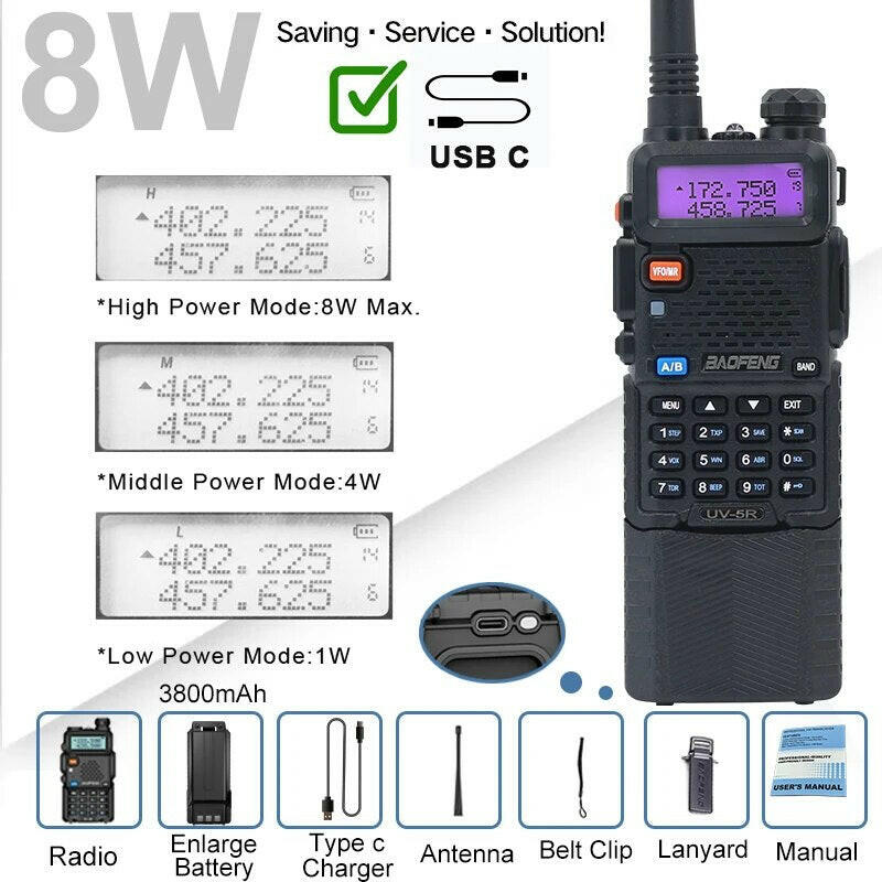UV-5R Baofeng 8W 5W Walkie Talkie Battery Type C USB 3800 mAh UHF VHF Dual Band Military 10 KM Ham Two Way Radios FM UV-82 UV-16-WAYBIKER