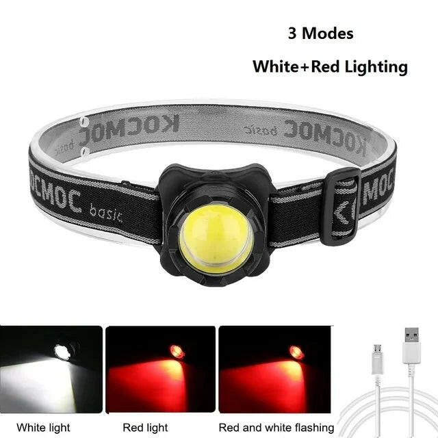 Portable LED COB Headlamp Built-in Battery USB Rechargeable Head Torch White Red Flashlight Outdoor Camping Fishing Headlight-WAYBIKER