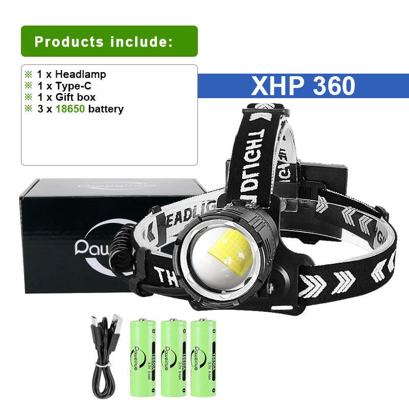 XHP360 High-Power LED Headlight High-Brightness USB Rechargeable Zoom IPX4 Waterproof Headlamp Camping Outdoor Work Head Lantern-WAYBIKER