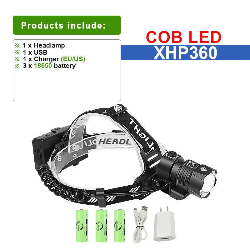 XHP360 COB LED Headlamp Powerful Headlight Flashlight 18650 USB Rechargeable XHP199 Head Light Zoom Waterproof Head Lamp Lantern-WAYBIKER