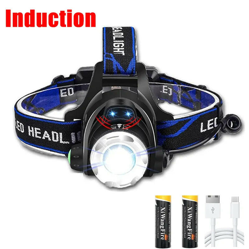 Powerful LED Induction Headlamp USB/DC Rechargeable Headlight Aluminium Alloy Outdoor Waterproof Head Lamp High Lumen Head Torch