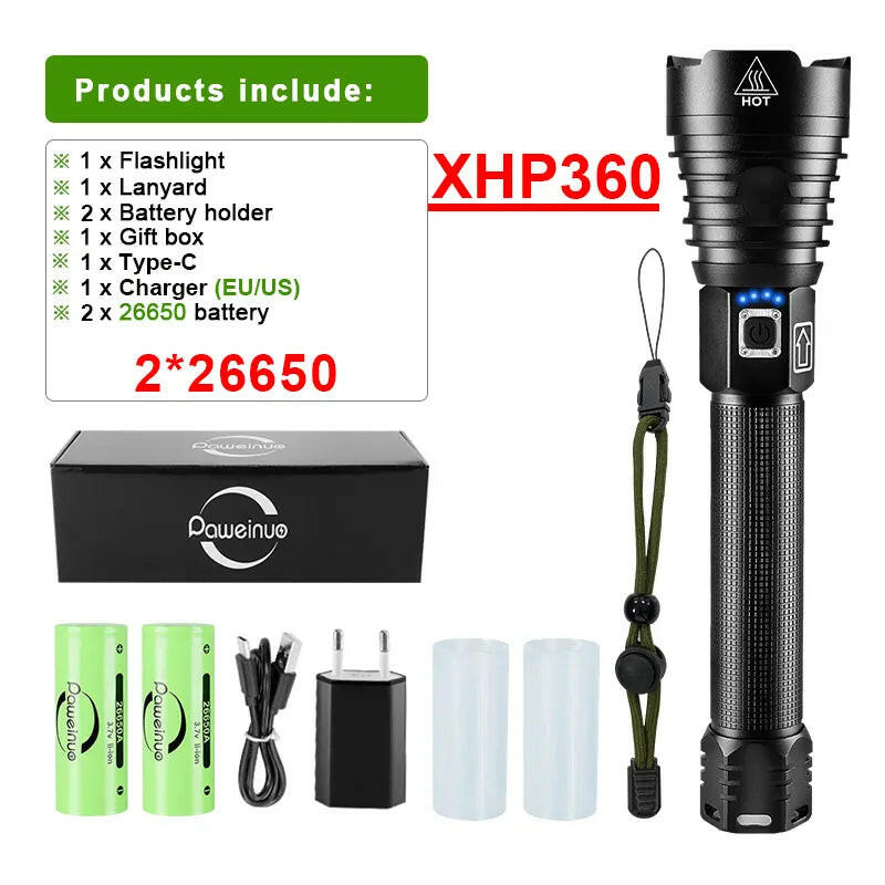 XHP360 Led Flashlight 18650 Rechargeable Torch Usb Powerful Tactical Flash Light Zoomable Hunting Lantern Waterproof Hand Lamp-WAYBIKER