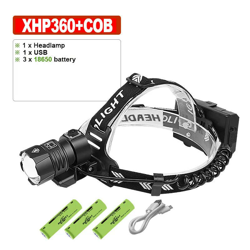 XHP360 Powerful LED Headlamp USB Rechargeable Head Lamp XHP90 Super Bright High Power Headlight 18650 Waterproof Head Flashlight-WAYBIKER