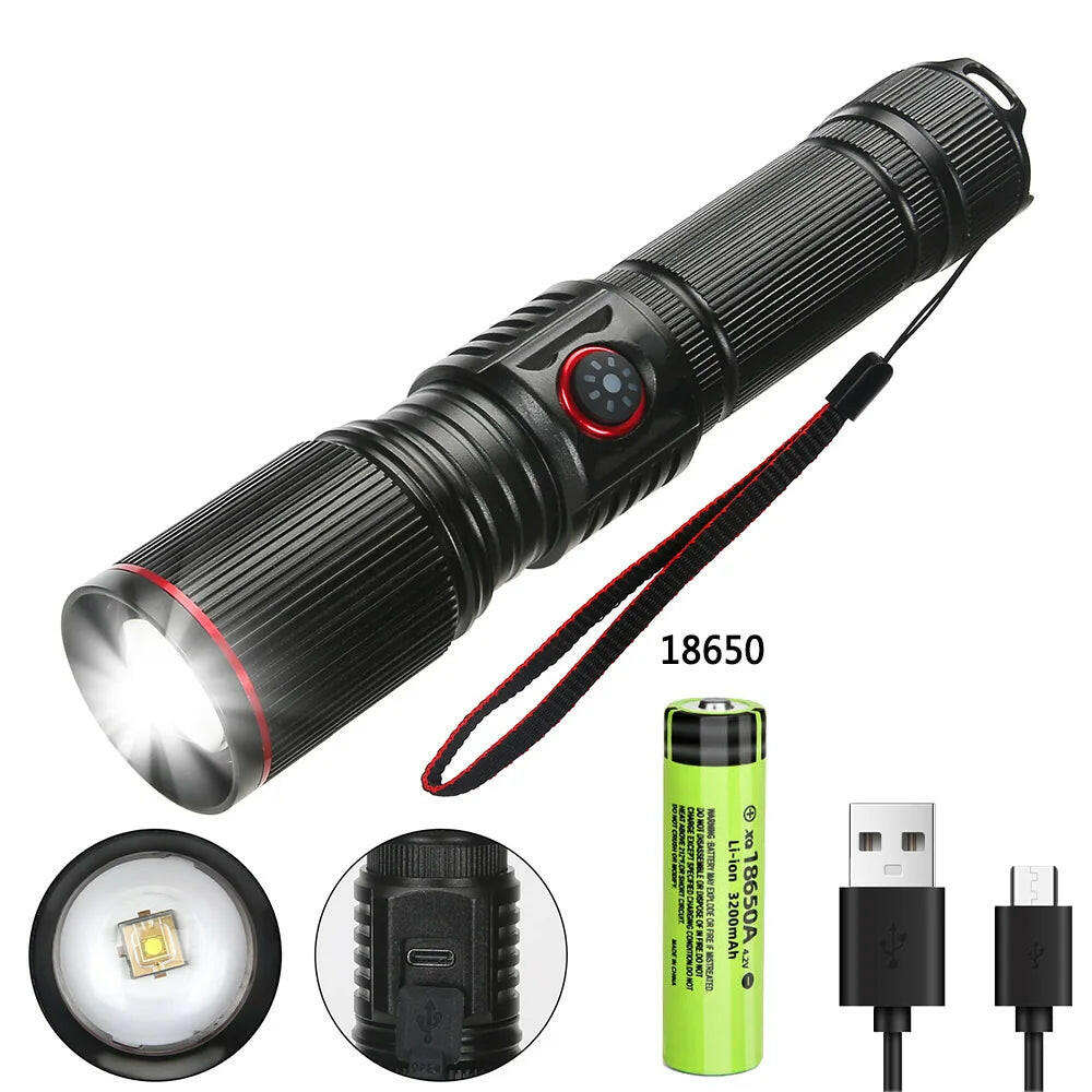 Aluminum Alloy White Laser Powerful LEP Flashlight 18650 or 21700 Battery Zoom Torch Light Lamp with Tail Rope Power Indicator