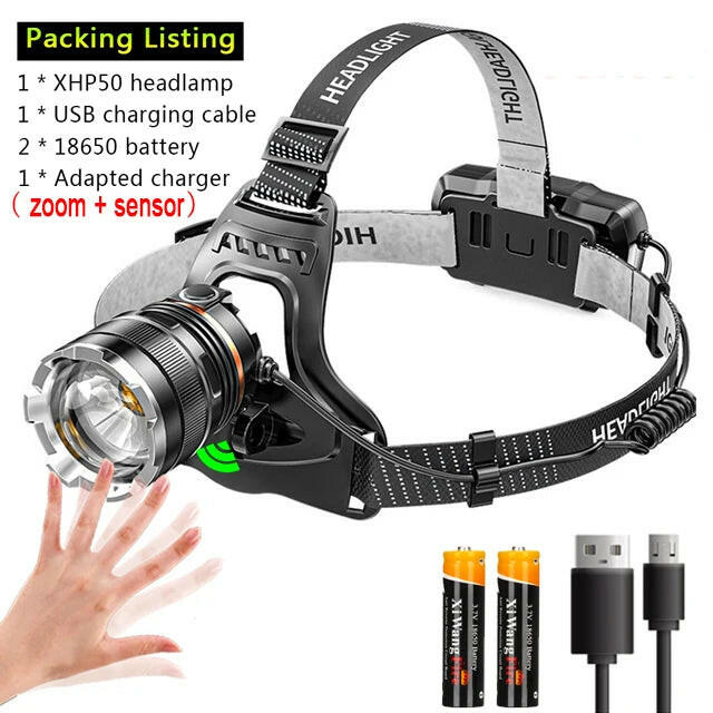XHP50 Headlamp With Sensor Waterproof Head Light USB Rechargeable LED Zoom Lantern Fishing Searching Camping Head Flashlight-WAYBIKER
