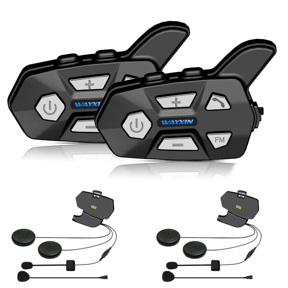 WAYXIN Motorcycle Bluetooth Intercom 2 Pcs Helmet Intercom Upto2 Riders 1000M  Wireless Waterproof Interphone Headsets  R5-WAYBIKER