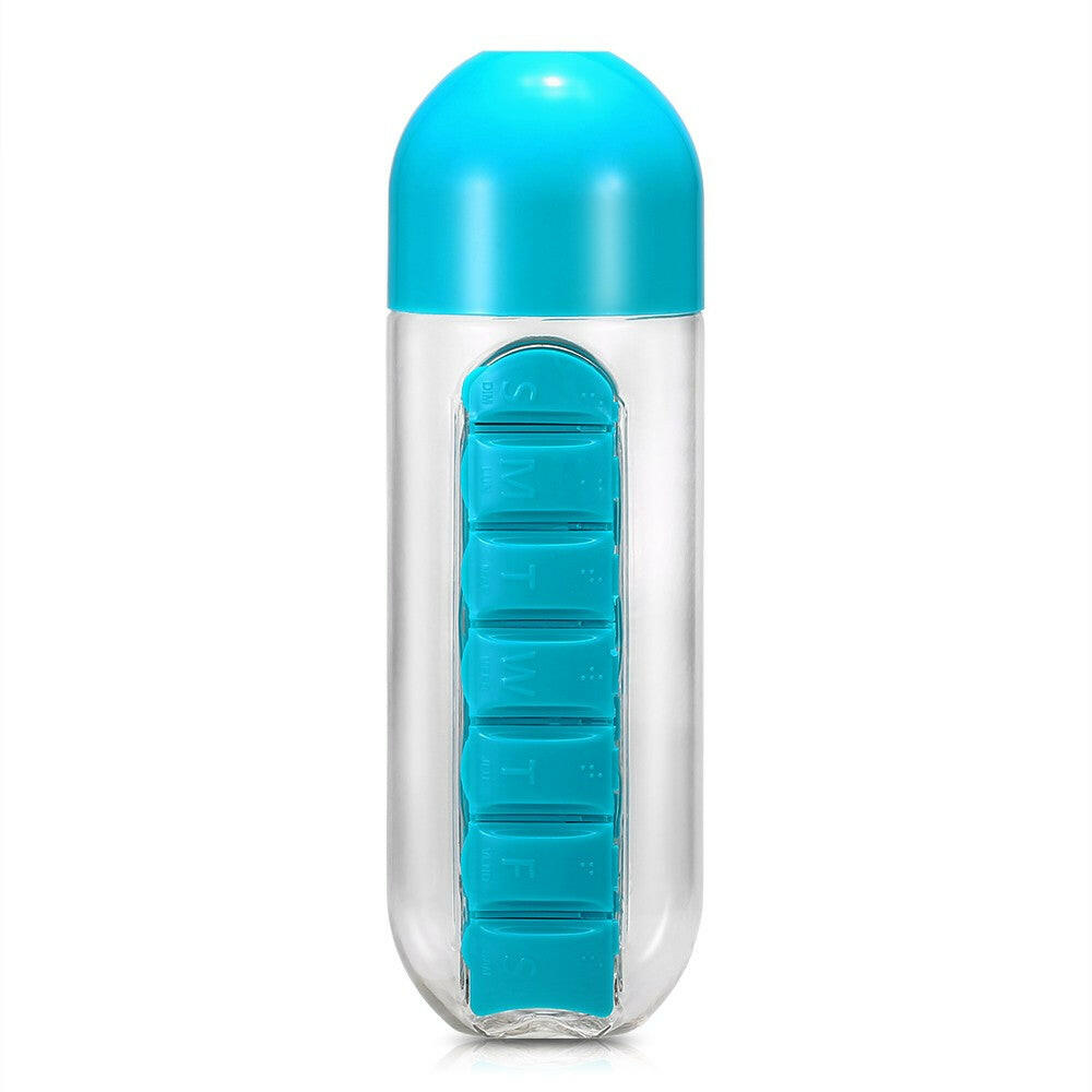 600ml Water Bottle with Pill Grids Portable Sport Waterbottle with Detachable Daily Pill Holder Traveling Outing Medicine Organizer Pill Bottle