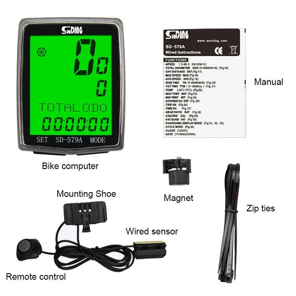 Wired Bike Computer Waterproof Bicycle Odometer Multi Functional LCD Screen Cycling Speedometer Mountain Bike Speed Meter with Green Backlight-WAYBIKER