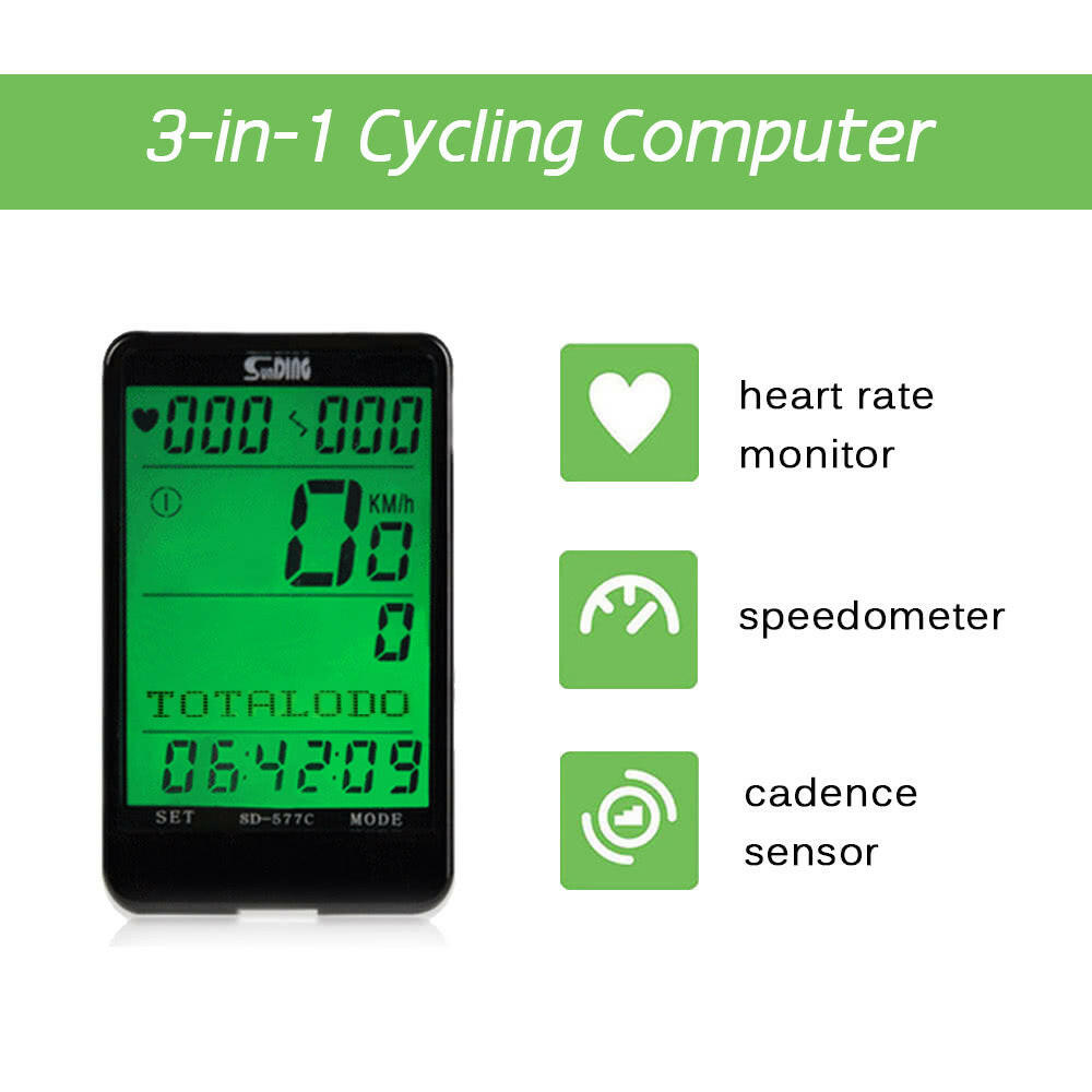 Cycle Computer Wireless Heart Rate Monitor & Cadence Sensor and Speedometer Odometer 3 in 1 Bike Computer Multifunction